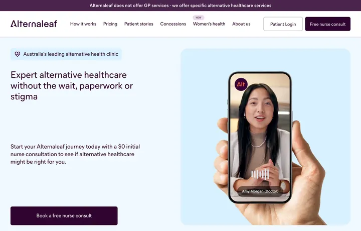 Landing page hero: the headline 'Expert alternative healthcare without the wait, paperwork or stigma', a free nurse consult offer, one booking button and a phone showing a doctor on a video call
